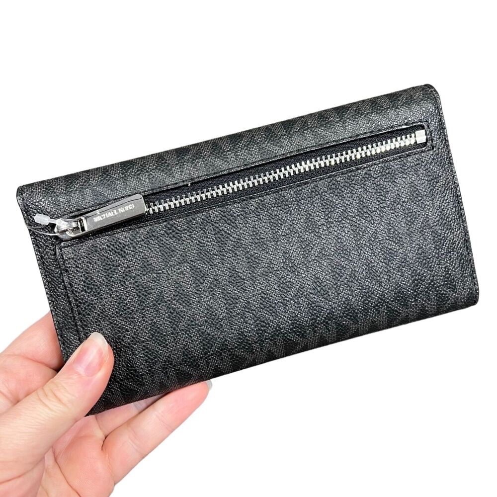 MK Michael Kors Womens Jet Set Travel Large Trifold Wallet Signature Black - Picture 3 of 10